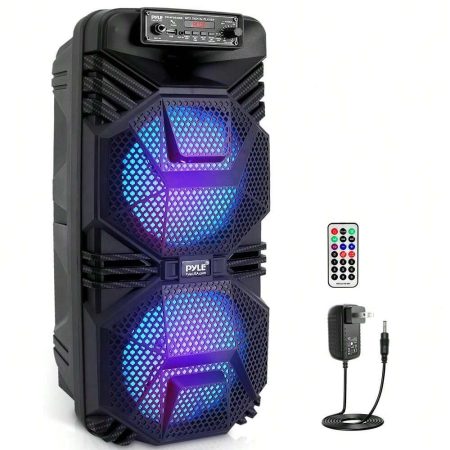 NUTRICHEF Pyle Dual 8'' Bluetooth Portable PA Speaker - Portable PA & Karaoke Party Audio Speaker With Built-In Rechargeable Battery, Flashing Party Lights, MP3/USB/ /FM Radio (600 Watt MAX) Black