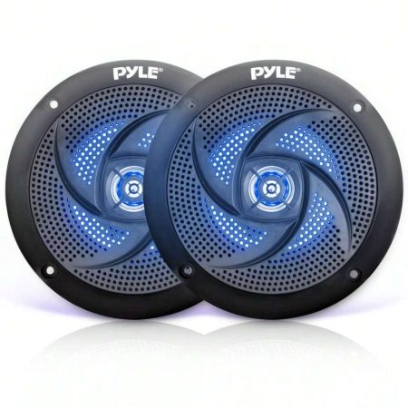 NUTRICHEF Pyle Waterproof Rated Marine Speakers, Low-Profile Slim Style Speaker Pair With Built-In LED Lights, 6.5''-Inch (240 Watt) Black