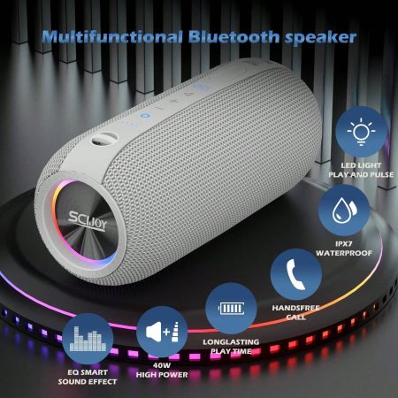 SCIJOY Portable Bluetooth Speaker, Speakers Bluetooth Wireless, IPX7 Waterproof Shower Speakers, Loud Stereo, Deep Bass, RGB LED Lights, For Party, Home And Outdoor, Gray Grey