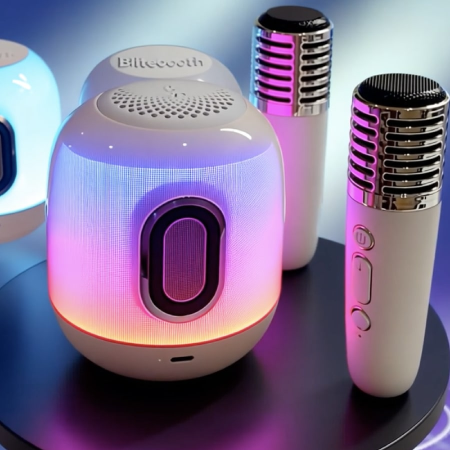 Portable Bluetooth Speaker With LED Ambient Light, Mini Karaoke Machine/Speaker, Wireless Microphones/5 Sound Audio Modes, Home Party, Birthday Gift Smartphone two microphones